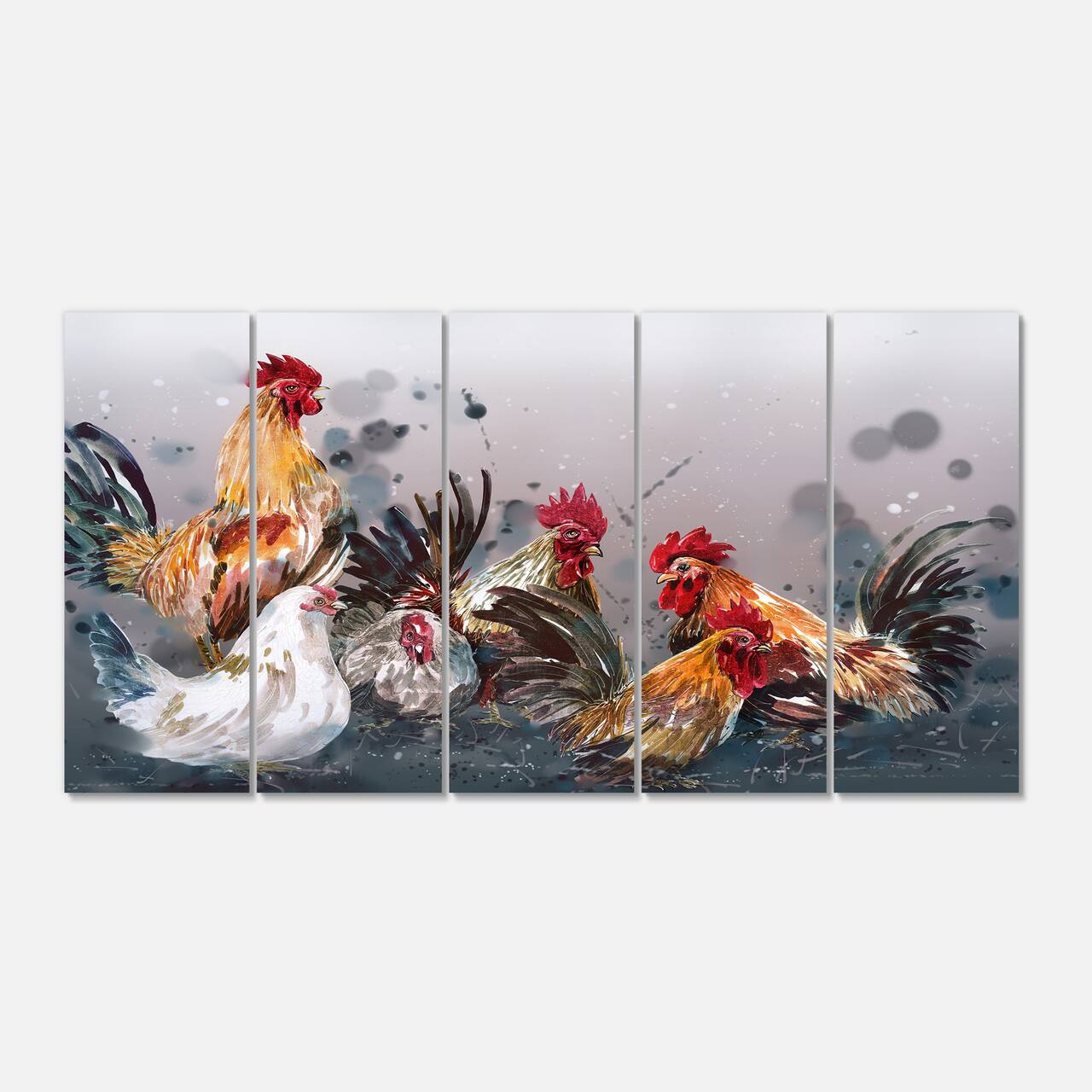 Designart - Group of Rooster in Gray Farm background - Farmhouse Animal Painting Print on Wrapped Canvas set